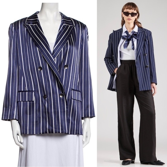 NWT L’AGENCE Silk Satin Navy Stripe Double Breasted Relaxed Fit Blazer Jacket S - Picture 1 of 7